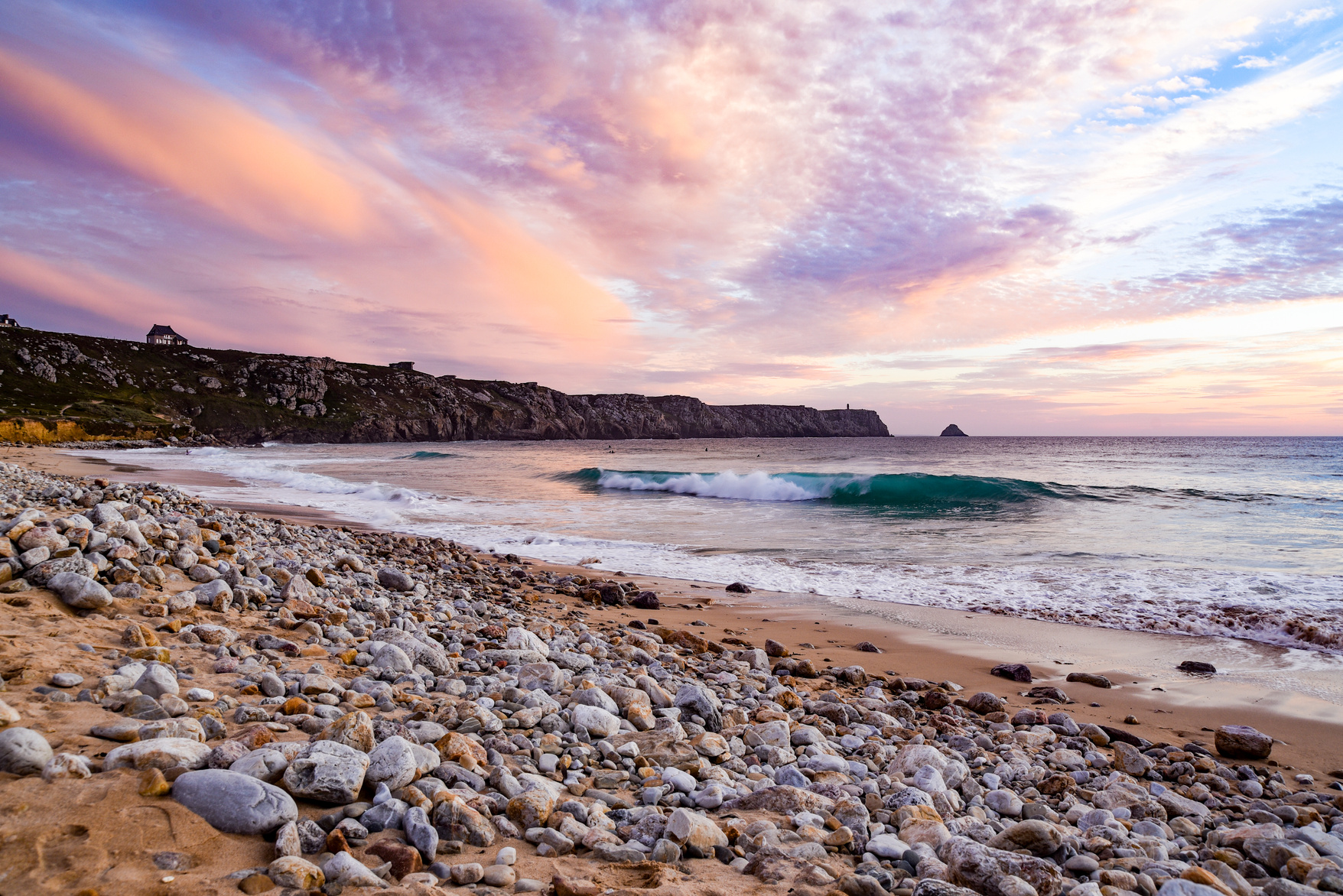 Purple sunset on the coast of France in Crozon, pen hat beach.
